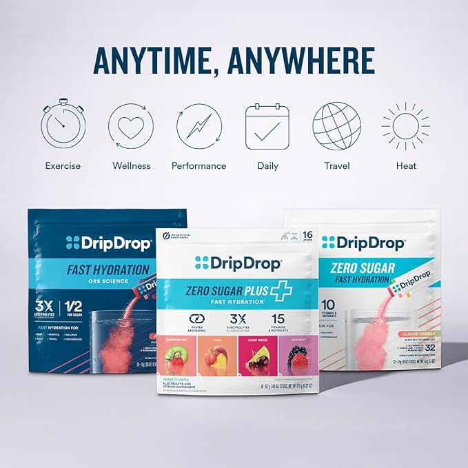 DripDrop Zero Sugar Plus - Sugar Free Hydration Packets - Single Serve Electrolytes Powder Drink Mix - Strawberry Kiwi, Peach, Cherry Limeade, Wild Berry - Non-GMO, Gluten Free, Vegan - 8 Sticks