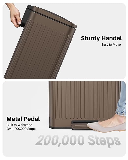 Lovewind 60 Liter/ 16 Gallon Stainless Steel Trash Can with Soft-Close Lid, Large Footstep Garbage Can with Roman Texture, Removable Inner Buckets, Recycling Bin for Kitchen Office, Brown