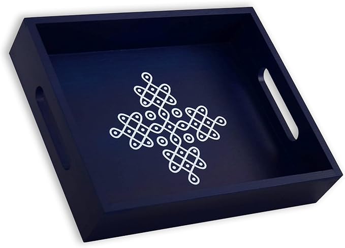 Coffee Table Tray - Decorative Trays for Home Decor - Serving Trays with Handles for Kitchen - Decor Tray - Indian Return Gift, Diwali, Pooja - 10" X 8" X 2" Size, in Blue and Brown (4, Blue)