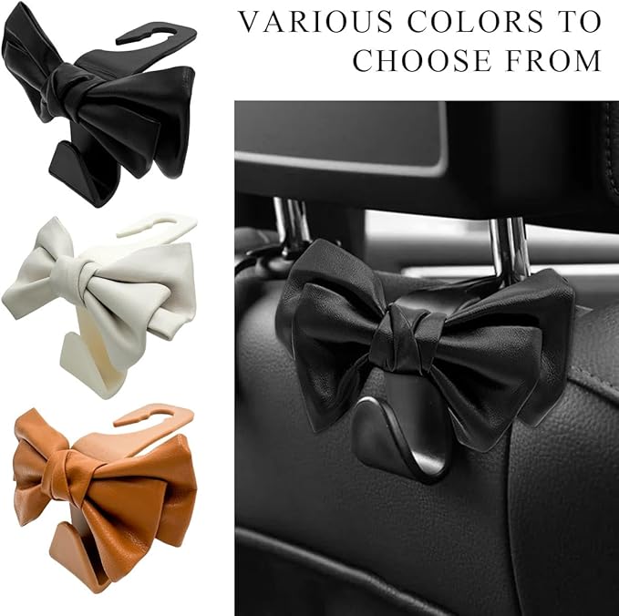 2PCS Purse Holder for Car Hooks, Cute Bow Car Seat Headrest Hooks Handbag Hanger, Bow Knot Auto Back Seat Organizer Storage Hook for Purse Bags Umbrellas, Car Accessories (White)