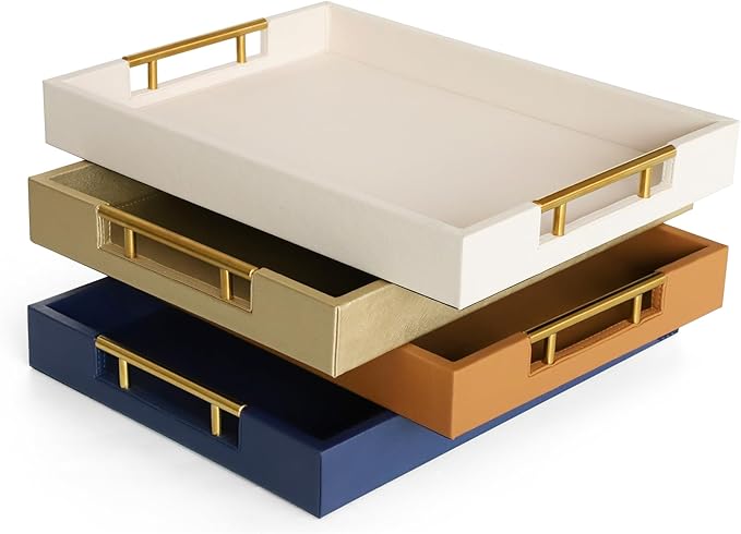 HofferRuffer Faux Leather Serving Tray with Gold Metal Handles, Stylish Decorative Tray Organizer for Coffee Table, Ottoman, Home Decor and Serving (Camel, 16.2" x 12.2" x 2")