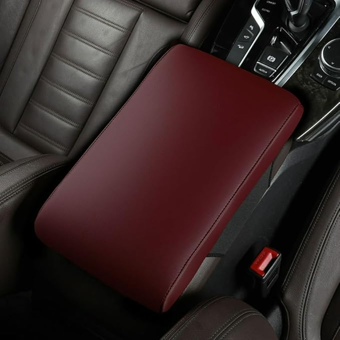 Car Center Console Cover Nappa Leather Memory Foam Armrest Box Seat Box Cushion Protector Pad Comfortable Height Increase Universal for Car Truck SUV (Glossy,Wine Red)