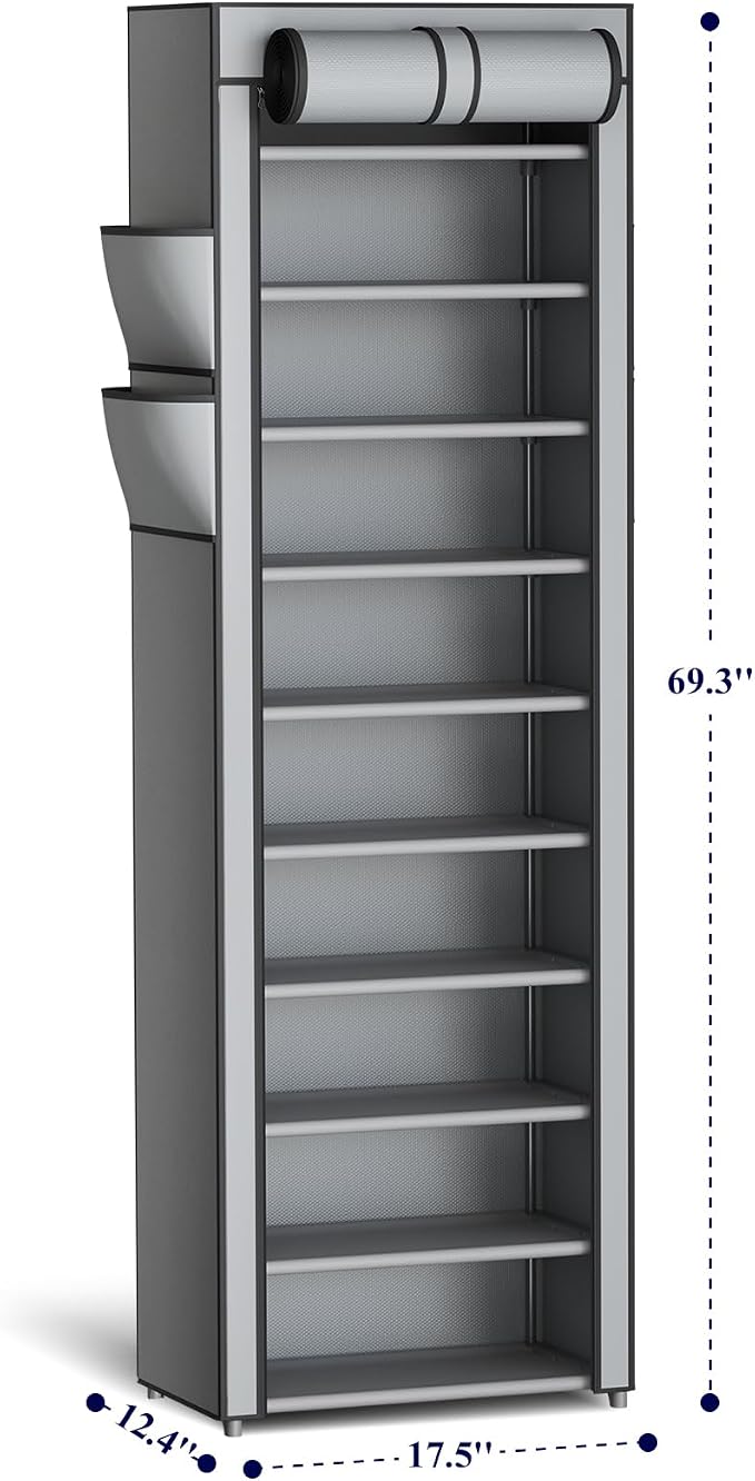 Kitsure Shoe Rack - 10-Tier Large Capacity Shoe Organizer Shelf with Dust Cover & Side Pockets, Rust-Proof Metal Shoe Rack for Closet, Entrance, Living Room, 17.5" x 12.4" x 69.3", Grey