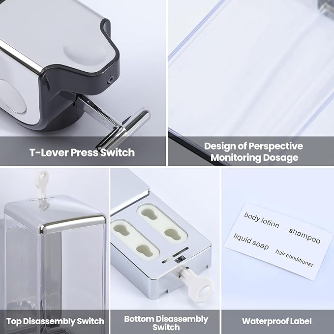 3-in-1 Quadrate Dispensers for The Shower,Shower soap Dispenser,Conditioner Dispenser, Shampoo Dispenser,No Drilled Wall Mounted Distributor,Hotel,Bathroom,Home