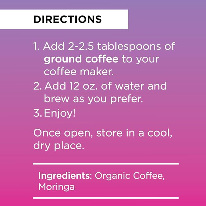 Livingood Daily Coffee with Moringa, Ground Decaf Coffee with Plant Based Ingredients for Daily Wellness, Made with Moringa Powder, Organic, Non GMO, Vegan, Gluten Free, 20 Servings, 12 oz Bag
