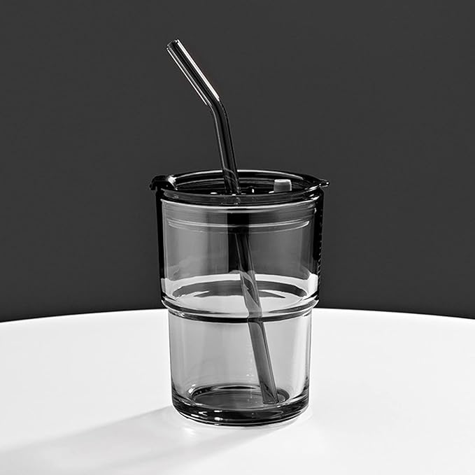 13oz/400ml Tumbler Water Glass, Water Bottle with Straw and Lid Sealed Carry on, Glass Coffee Mug Iced Tea Cup Thick Wall Insulated Glass Cup (Gray)