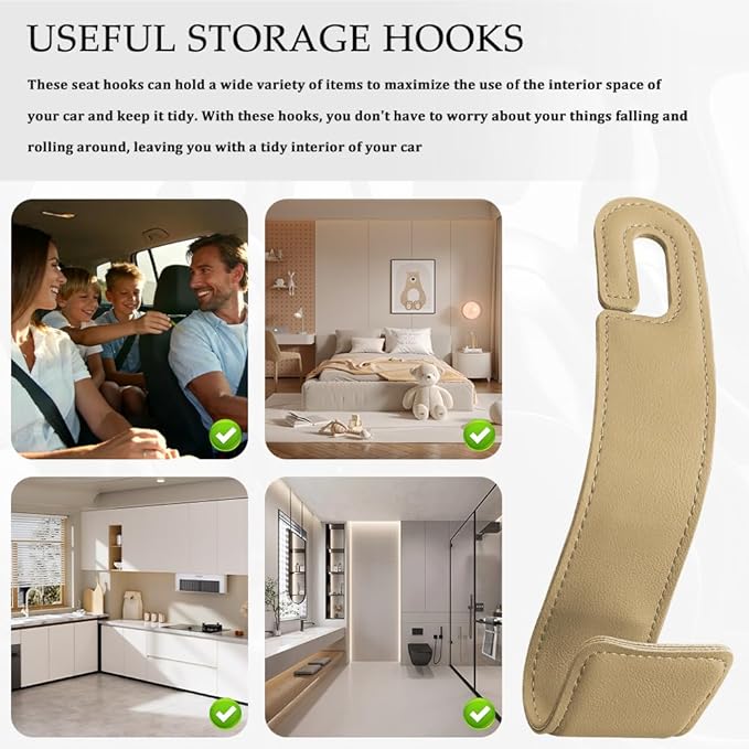 1PCS Purse Holder for Car, Purse Hook for Car, Leather Headrest Hooks for Automotive Back Seat, Auto Accessories Back Seat Organizer Hook for Grocery Bag Handbag Coat (Beige, 1PCS)