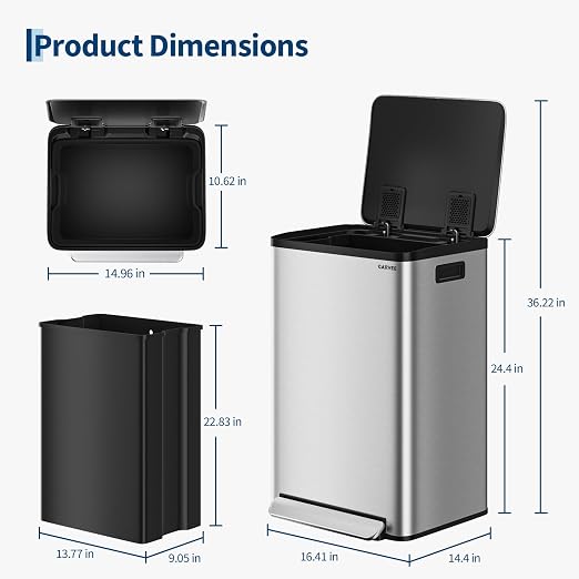 13 Gallon Trash Can Kitchen Garbage Bin with Removable Inner Buckets 50L Stainless Steel Step-on Metal Large Waste Cans with Soft Close Lid Silver