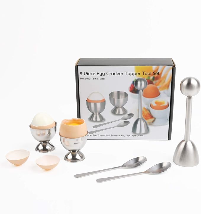 Soft Hard Boiled Egg Cutter Topper Set Egg Cracker with Include 2 Cup 2 Spoon 1 Topper Cutter Shell Separator Remover Stainless Steel Kitchen Tool
