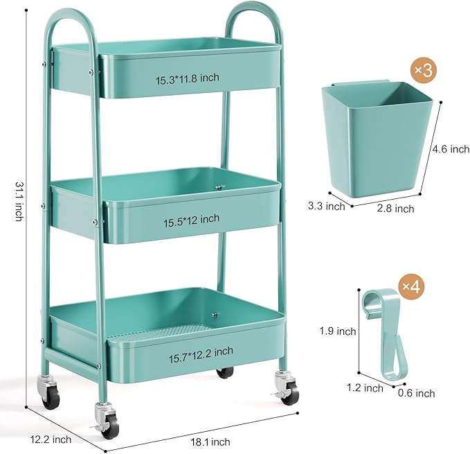 3 Tier Green Metal Rolling Cart with Lockable Wheels and Handle, 3 Tiered Utility Storage Organizer Carts for Teachers, Arts, Craft, Snack, Book, Bedside, Nursery, Cleaning Supplies, Easy Assembly