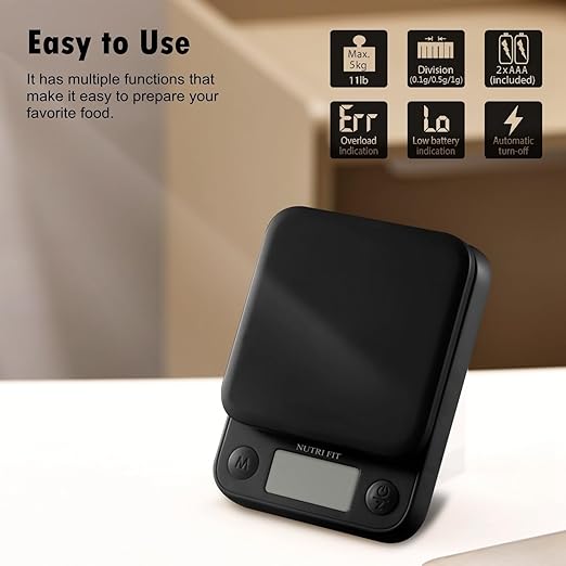 Food Scale Kitchen Scale Weight Grams and Ounces Small Digital Scale for Weight Loss Baking Cooking Coffee of NUTRI FIT, Max 11lb 0.5g Increment, LCD Smart Tare, Easy to Use for Travel, AAA Battery
