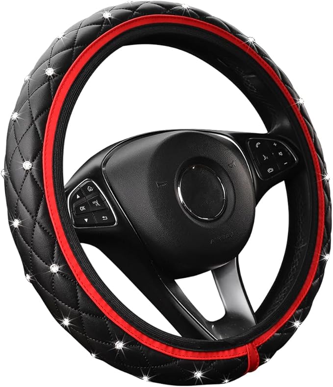 Bling Car Steering Wheel Cover, Rhinestones Elastic Leather Automotive Steering Wheel Protector, 15 Inch Sparkly Crystal Vehicle Interior Decor Accessories, Universal Fit (Red)
