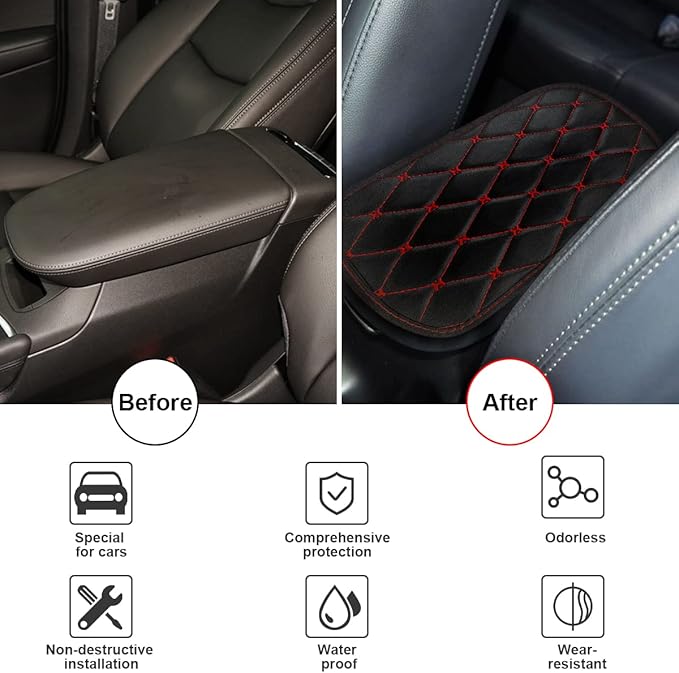 Auto Center Console Cushion Pad, Universal Waterproof Armrest Box Protection Pad/Cover Fit for Cars, Vehicles, SUVs, Comfort, Car Interior Accessories for Men Women (Black/Red)