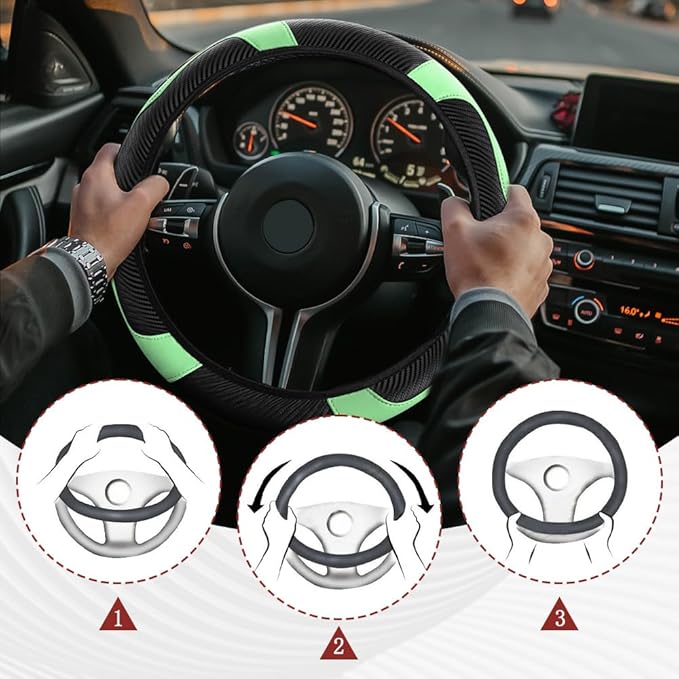 Car Steering Wheel Cover, Steering Wheel Protector, Universal 14.5-15 Inch Microfiber Leather Breathable Auto Steering Wheel Covers, Carbon Fiber Steering Wheel Cover for Women Men (Green)