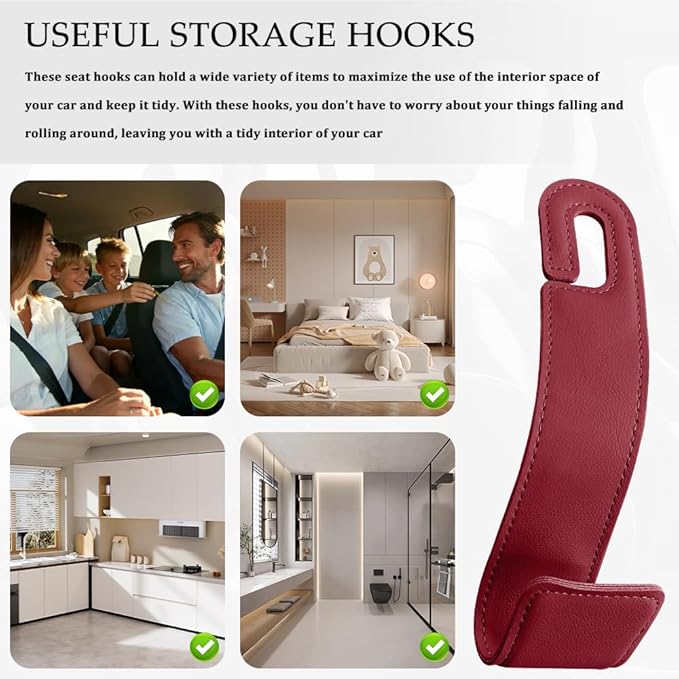 2PCS Purse Holder for Car, Purse Hook for Car, Leather Headrest Hooks for Automotive Back Seat, Auto Accessories Back Seat Organizer Hook for Grocery Bag Handbag Coat (Red, 2PCS)