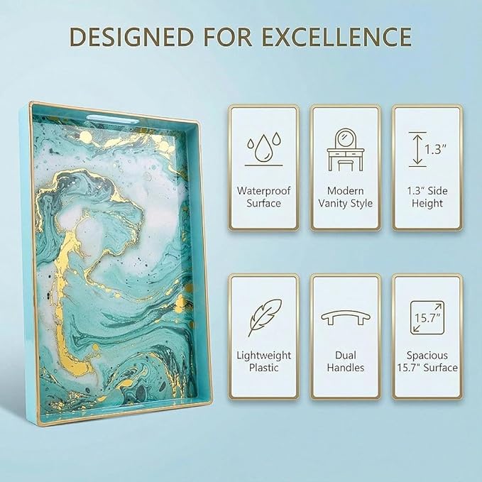 Zosenley Decorative Tray, Marbling Plastic Tray with Handles, Rectangular Vanity Tray and Serving Tray for Bathroom, Kitchen, Ottoman and Coffee Table, 15.6" x 10.2" (Golden Blue)