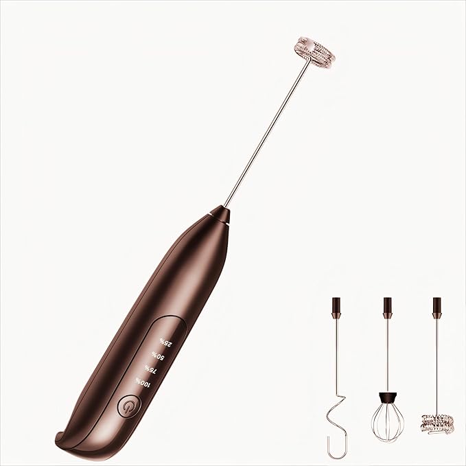 Milk Frother Handheld Rechargeable, Frother Wand Drink Mixer Electric Whisk for Coffee, Detachable With 3 Stainless Whisks, Hand Mixer for Lattes, Cappuccino, Matcha, Egg