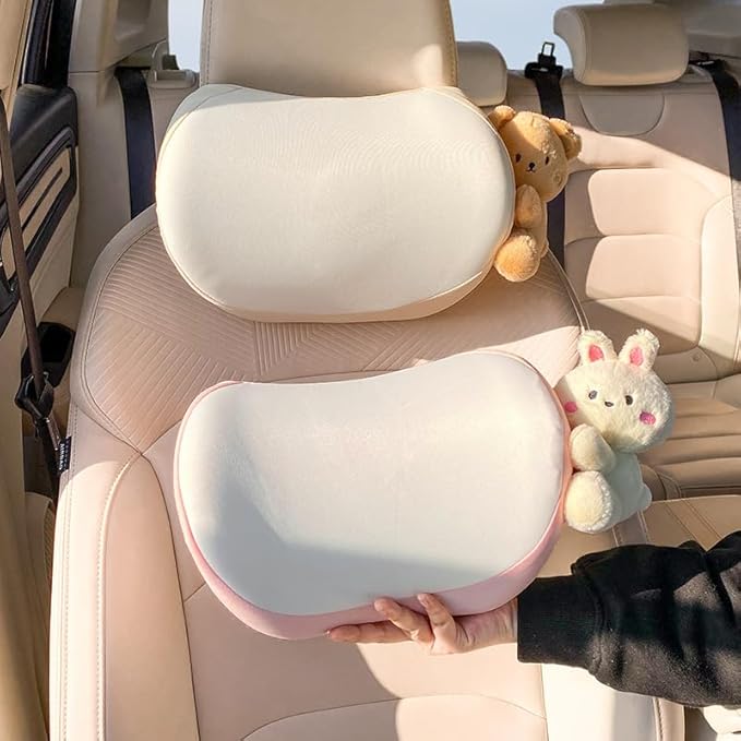 Car Headrest Pillow 2PCS Plush Bear & Bunny Car Seat Headrest Pillow - Memory Foam Neck Support Cushions for Comfortable Driving, Easy Install & Washable (Brown)