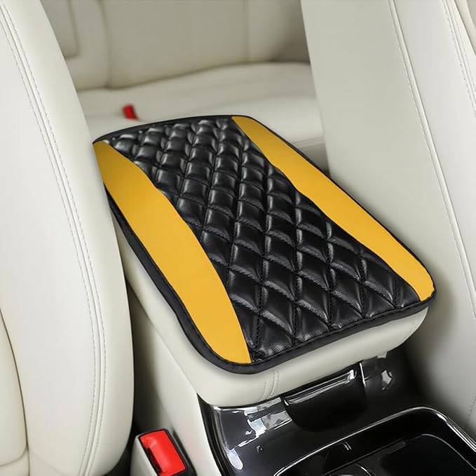 Car Center Console Cover, Comfortable PU Leather Vehicle Armrest Storage Box Cushion Pad, Anti-Scratch Automotive Interior Arm Rest Cover Protector, Universal for Truck SUV Sedan (Yellow)