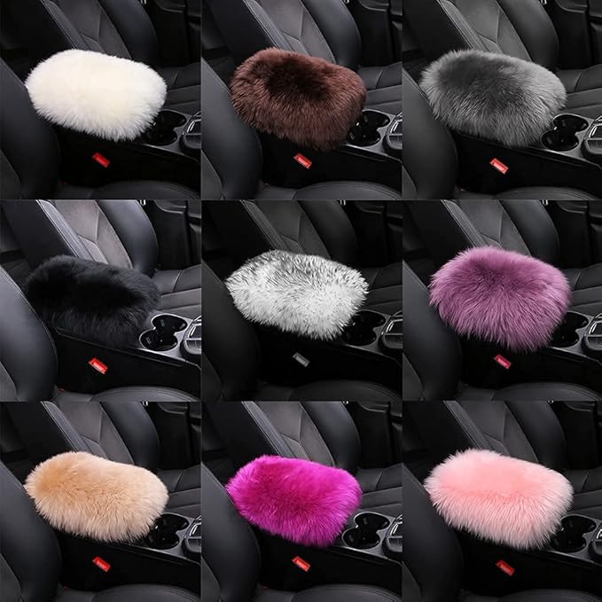 LLB Auto Center Console Cover Pad Universal Fit for SUV/Truck/Car, Genuine Sheepskin Wool Fur Car Armrest Seat Box Cover, Furry Fluffy Auto Armrest Cover Protector (Black)