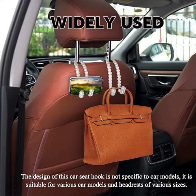 2PCS Elegant Pearl Car Seat Headrest Hook, Purse Hook for Car, Multi-Functional Automotive Rear Seat Hangers, Auto Interior Accessories Cute Vehicle Backseat Storage Hanger for Women Girls