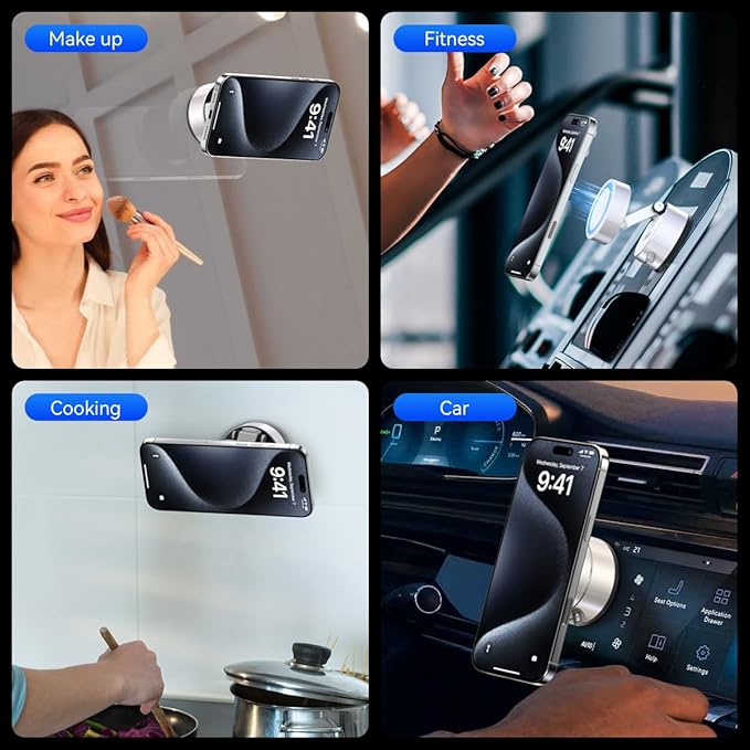 Vacuum Magnetic Suction Phone Holder,Upgraded 360° Adjustable Suction Cup Car Phone Mount,Hands-Free Cell Phone Holder for Car/Gym/Mirror/Smooth Surface,Compatible with iPhone 16/15/14/13/12 (white)