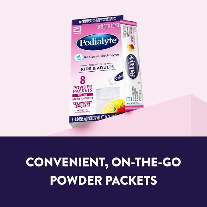 Pedialyte Electrolyte Powder, Hydration Drink for Kids & Adults, Strawberry Lemonade, 100 Powder Packets