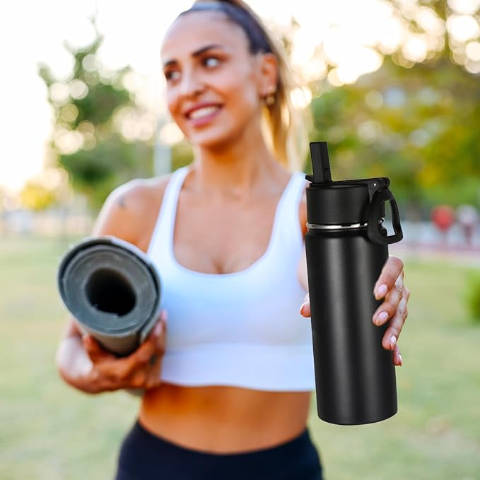 Volhoply Kids Insulated Water Bottle with Straw,16oz Stainless Steel Cold Water Bottles for School,BPA-Free Metal Wide Mouth Cups with Handle Lid,Reusable Double Wall Vacuum Sport Flask(Black,1)