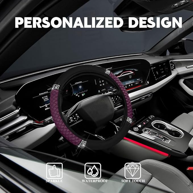 Car Steering Wheel Cover, Steering Wheel Accessories, Breathable Microfiber Leather Auto Wheels Protector, Universal 15 Inch Anti-Slip Protector for SUV Sedan Truck (Bling-Purple)