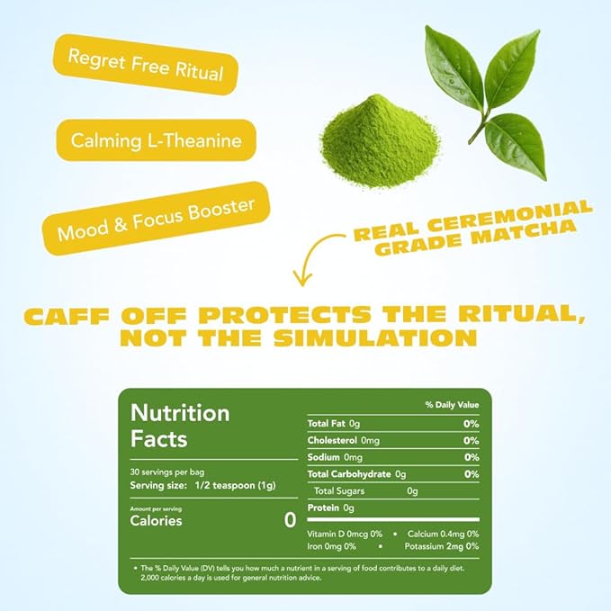 Caff Off Lemon Flavored Decaf Matcha Green Tea Powder From Japan – 1.06 oz / 30 g – Ceremonial Grade & Sugar-Free – No Fillers or Milk Powders – Naturally Decaffeinated Without Chemicals – Tested for Heavy Metals – First Harvest, Shade-Grown & Caffeine...
