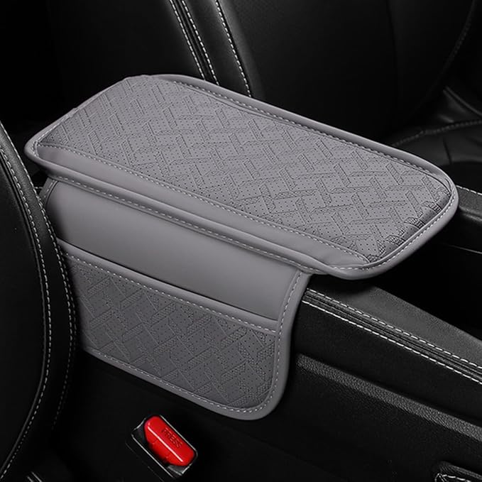 Car Center Console Cover, Microfiber Leather Vehicle Armrest Protector Cushion with 2 Storage Bags, Auto Middle Console Armrest Seat Box Pad Accessories, Universal for Most Cars (Gray)