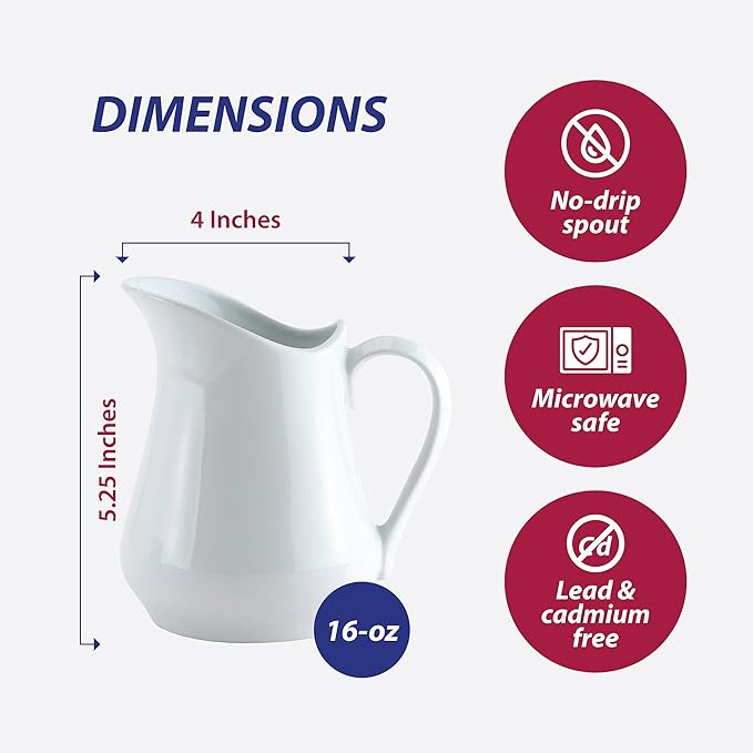 HIC Kitchen Creamer Pitcher With Handle, Fine Porcelain, 16-Ounce Capacity, For Coffee, Tea, Dressings, Syrups, Sauces