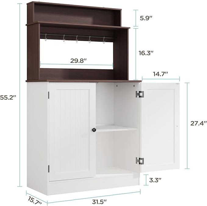 MHOM Farmhouse Bar Cabinet with Storage, Coffee Station Cabinet with 5 Hooks, Small Coffee Bar for Kitchen & Living Room, Antique White