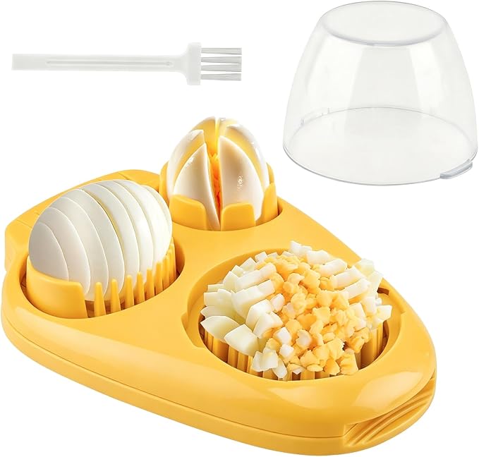 3 in 1 Boiled Egg Slicer, 3 Slice Modes Chopper Cutter with Brush, Manual Egg Slicer Steel Wire Dicer for Hard Boiled Eggs, Kitchen Gadget for Soft Fruit Butter, Labor Saving (Yellow)