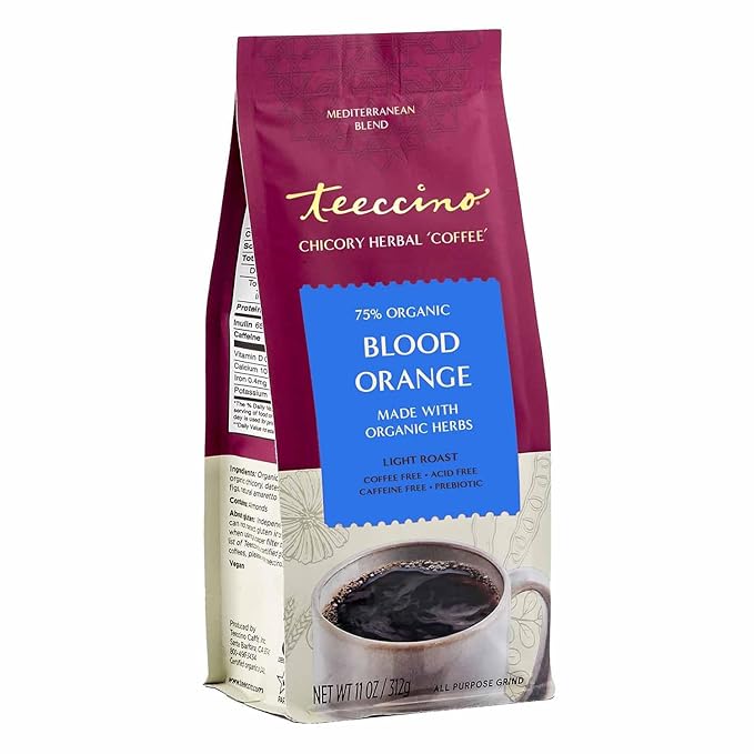 Teeccino Blood Orange Chicory Coffee Alternative - 11 Ounce - Ground Herbal Coffee That’s Prebiotic, Caffeine Free & Acid Free, Light Roast, (Pack of 3)