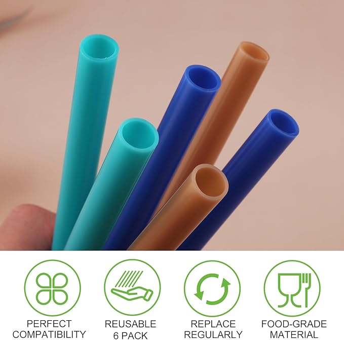 Joshey 6PCS Replacement Straws for Owala FreeSip 24oz & 32oz Water Bottles - Reusable Plastic Straws with 1 Cleaning Brush, Travel Tumbler Accessories Parts - 3 Colors (Brown, Royal-Blue, Green)