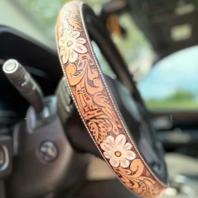 Western Steering Wheel Cover,Retro Western Cowboy Car Universal Steering Wheel Cover,Embossed Hand-Painted Leather Western Car Accessories, for Women Man, Anti-Slip Design Easy to Install (A)