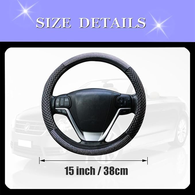 Bling Steering Wheel Cover, Bling Crystal Rhinestone Steering Wheel Cover Universal, 15 Inch Sparkling Anti-Slip Wheel Protector for Women or Girls, Easy Installation and Cleaning(Half Black)