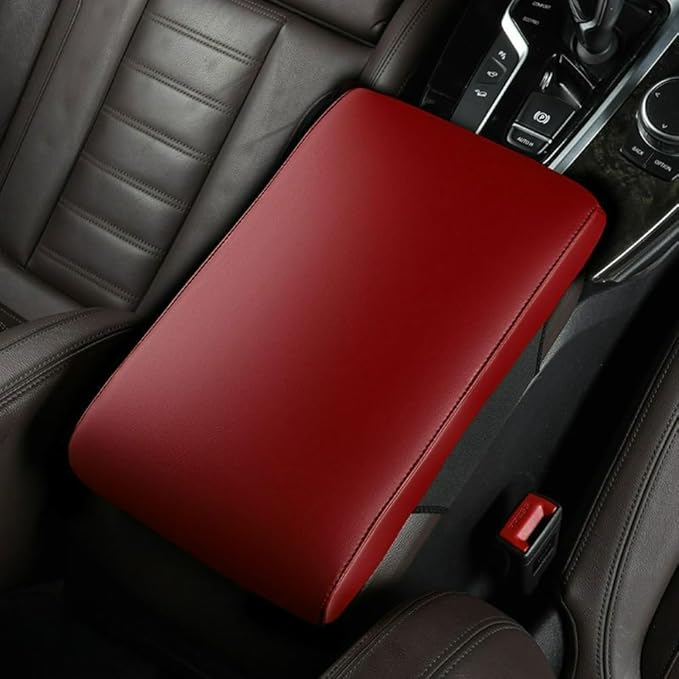 Car Center Console Cover Nappa Leather Memory Foam Armrest Box Seat Box Cushion Protector Pad Comfortable Height Increase Universal for Car Truck SUV (Glossy,Red)