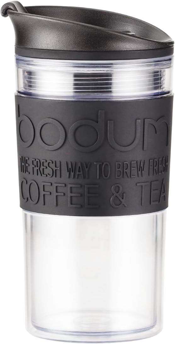 Bodum 12oz Double Wall Insulated Travel Mug with Lid, Clear Plastic w/Black Silicone Sleeve