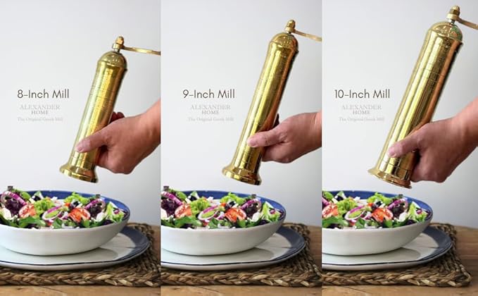 The Original Greek Salt Mill 8 Inch Tall | European Salt Mill Grinder with Crank Handle | Manual Salt Grinder | Salt Refillable - Brass