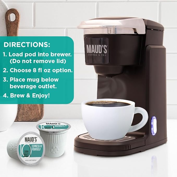 Maud's Espresso Roast Coffee Pods, 18 ct, Dark Roast Coffee in Single Serve Pods – 100% Arabica Coffee, Compatible with Keurig K Cups Maker