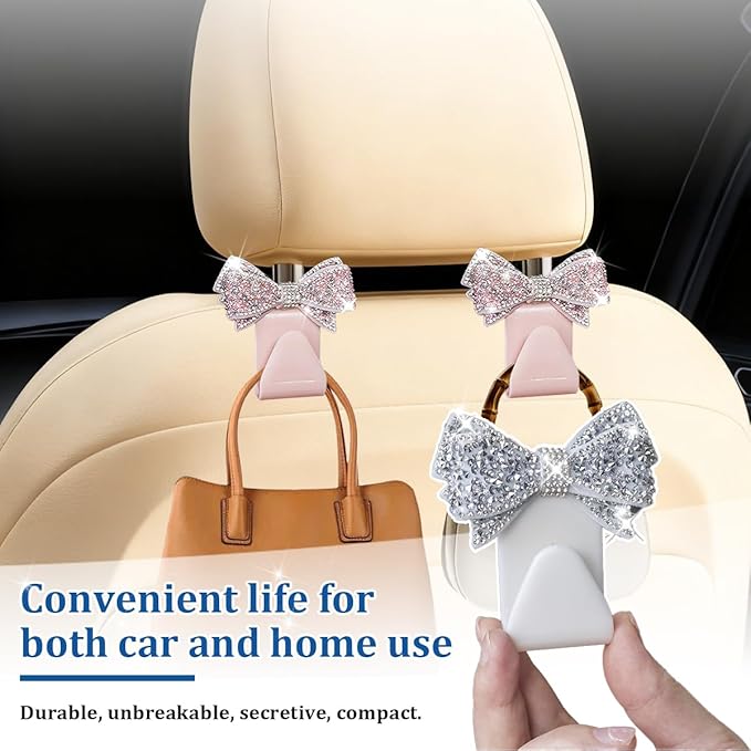 2PCS Bling Bow Car Seat Headrest Hook, Lovely Crystal Rhinestone Back Seat Storage Organizer for Handbag Purse Coat, Girly Sparkling Diamond Backseat Bag Hanger Holder, Universal Fit (Pink)