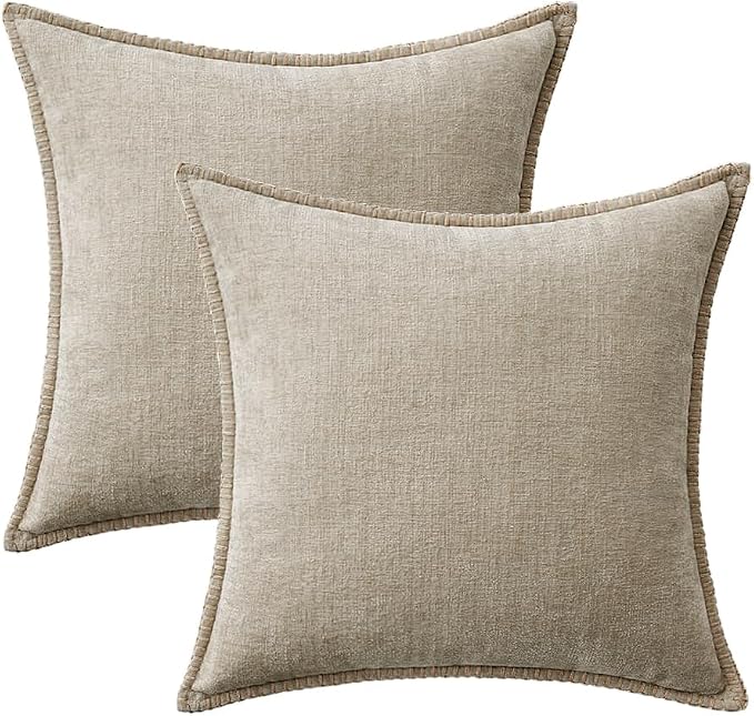 MIULEE Pack of 2 Couch Throw Pillow Covers 18x18 Inch Light Taupe Farmhouse Decorative Pillow Covers with Stitched Edge Soft Chenille Solid Dyed Spring Pillow Covers for Sofa Bed Living Room