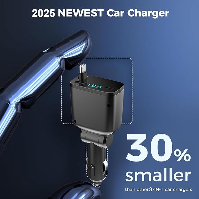 Retractable Car Charger, 3 in 1 USB C Car Phone Charger Adapter Compatible with iPhone 17 16 15 14 13 12 11 Pro Max (Black)