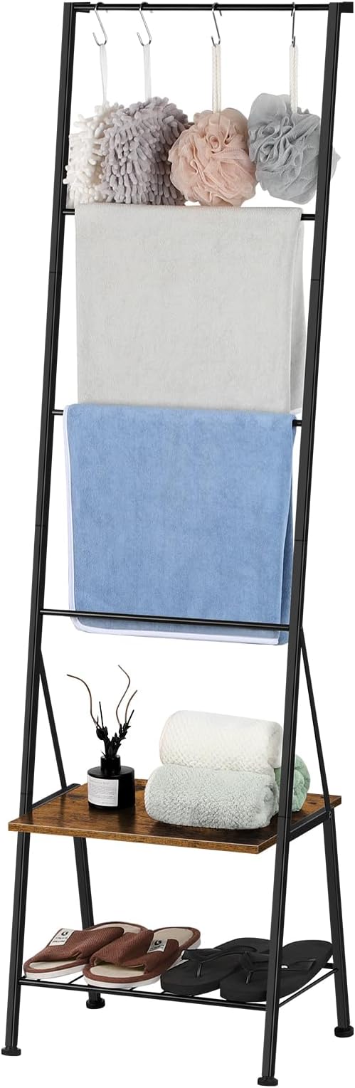BTY Blanket Ladder Black Towel Ladder with Shelf Metal Blanket Ladder Holder for Bathroom Standing Ladder Towel Rack with Hooks Stocking Holders for Living Room Bedroom Laundry Room
