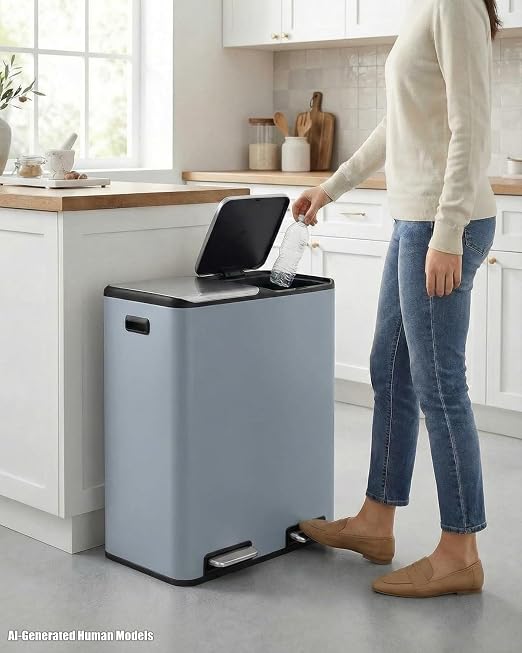 ComfyCorner 16 Gal (2 x 30 L) Dual Trash Can, Stainless Steel Kitchen Garbage Bin, Recycle Dustbin with Odor Control Box, Soft-Close Lid, Inner Buckets, Side Handle, Step Pedal, for Home Office
