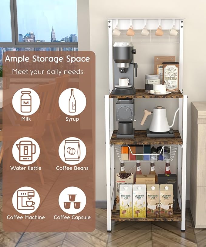 4 Tier Coffee Bar Station, Corner Bakers Rack with 5 Hooks & Wire Basket, Coffee Maker Stand for Small Space, Kitchen Storage Shelf for Entryway, Living Room, Café, White, 16.5"x13"x47.8"