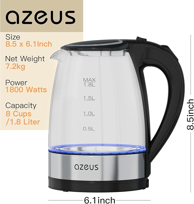 AZEUS Glass Electric Kettle - 1.8L Fast Boiling Auto-Shutoff & Anti-Dry Heat Safety Kettle for Home/Office, Borosilicate Glass with LED Indicator (white)