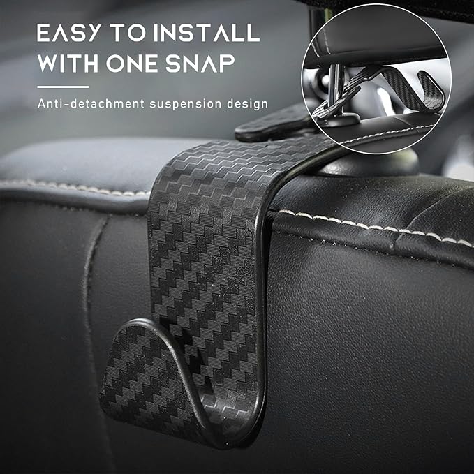 4 PCS Car Seat Headrest Hooks, Auto Seat Hook Hangers Storage Organizer, Back Seat Hanger for Car Handbag Clothes Coats Grocery Bags, Universal Interior Car Accessories (Carbon Fiber)